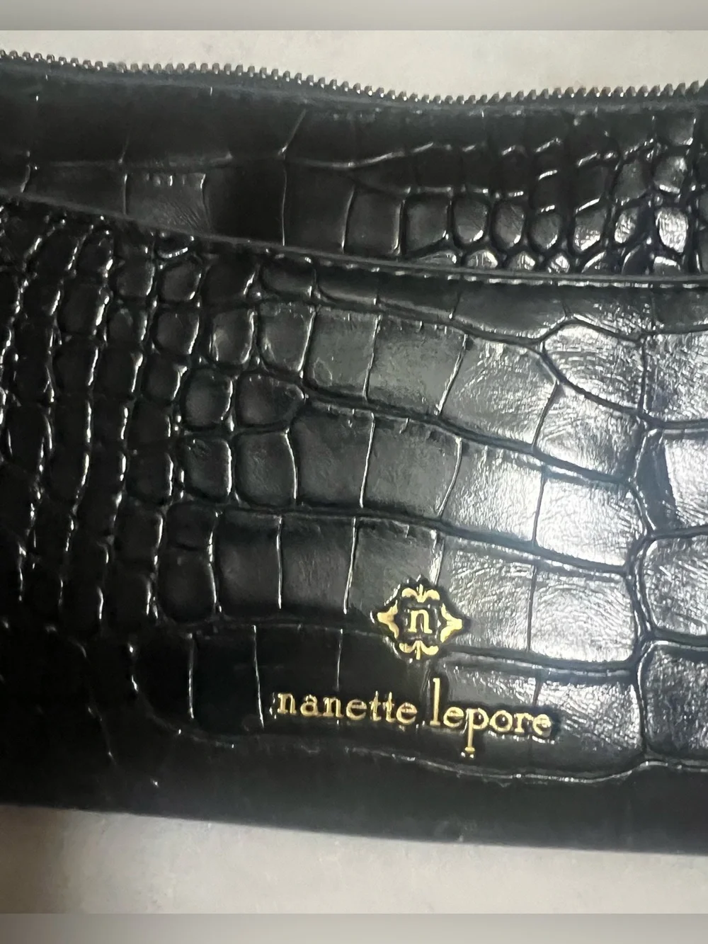 Nanette Lepore Black Patent Leather Croc Embossed Wristlet Gold Chain Accents